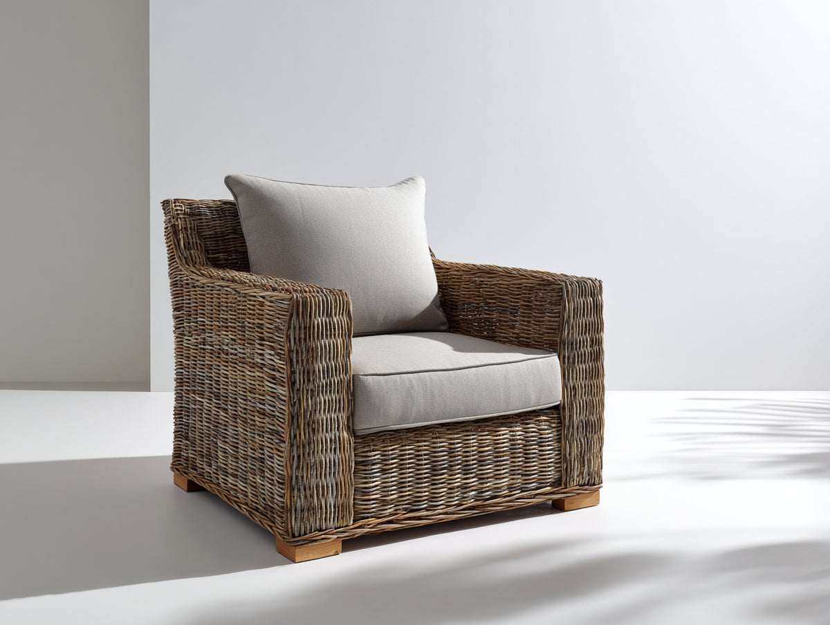 Poltrona da giardino - rattan intrecciato-tessuto - 87x82x83 cm - marrone naturale-grigio beige - stile rustico