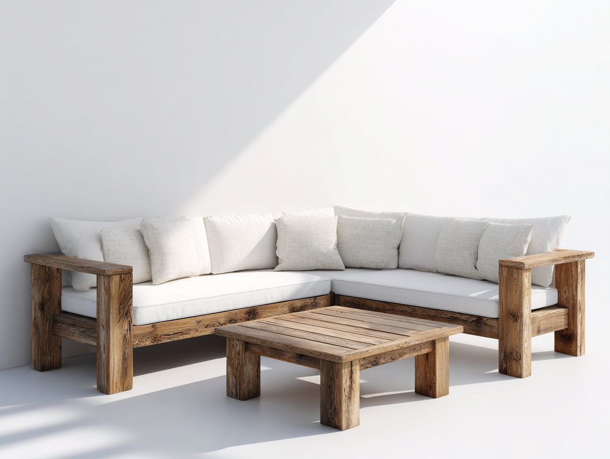 Divani da esterno - Legno-Tessuto - 242x181x79 cm - Naturale-Bianco - Stile rustico contemporaneo