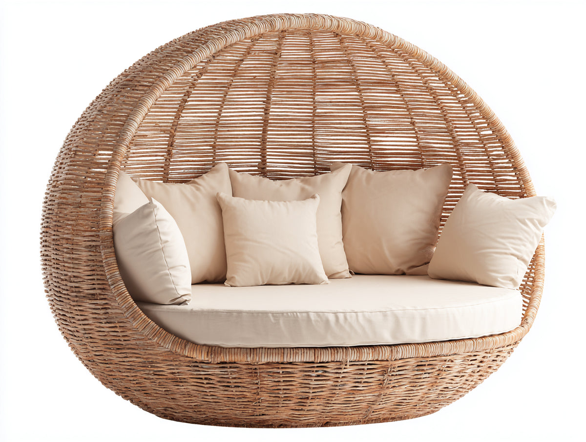 Divani da esterno - Rattan intrecciato-Tessuto - 193x126x156 cm - Naturale-Crema - Stile lounge a cupola