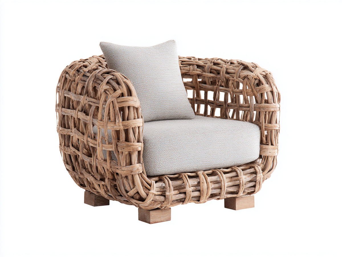 Poltrona da giardino - rattan intrecciato-tessuto - 92x87x81 cm - marrone chiaro-avorio - stile boho
