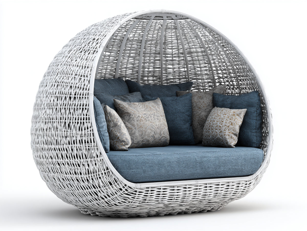 Divani da esterno - Rattan intrecciato-Tessuto - 184x121x153 cm - Bianco-Blu ardesia - Stile cocoon contemporaneo
