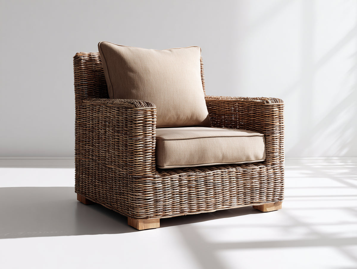 Poltrona da giardino - rattan intrecciato-tessuto - 91x86x88 cm - marrone caldo-beige sabbia - stile classico