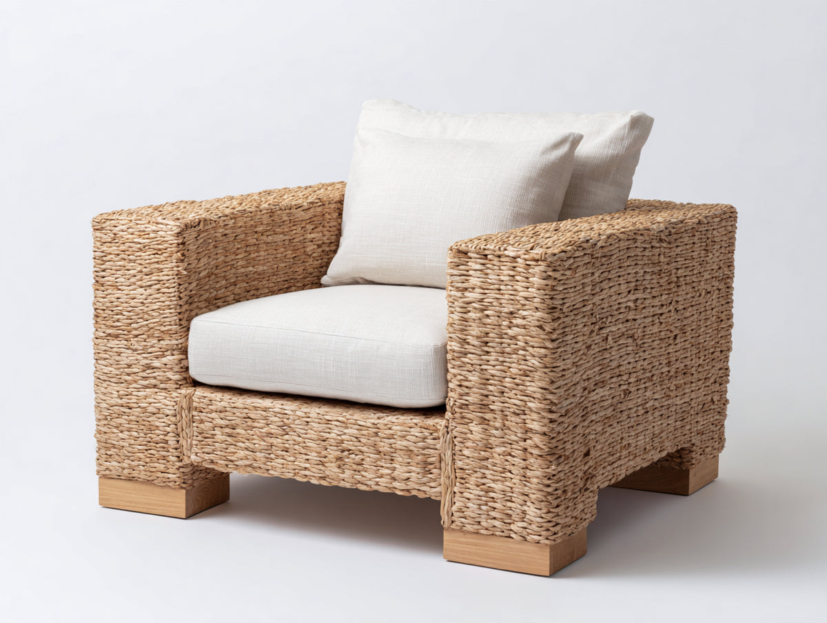 Poltrona da giardino - rattan intrecciato-tessuto - 90x84x85 cm - beige naturale-bianco crema - stile naturale