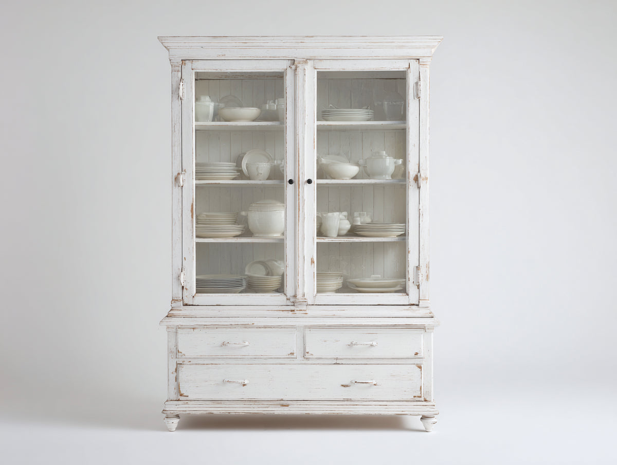 Vetrina - legno-vetro-metallo - 120x46x190 cm - bianco anticato - stile shabby chic rustico