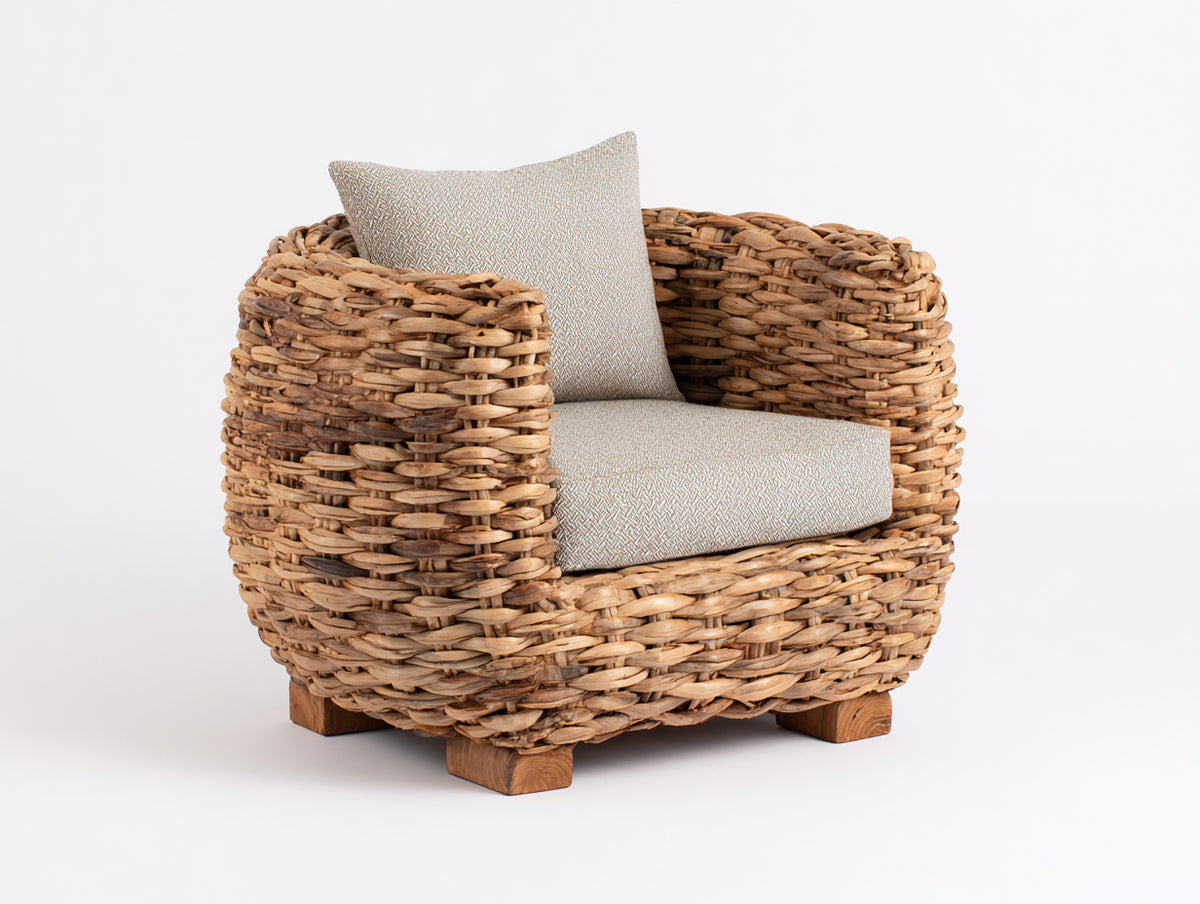 Poltrona da giardino - rattan intrecciato-tessuto - 90x85x79 cm - marrone miele-beige chiaro - stile organico