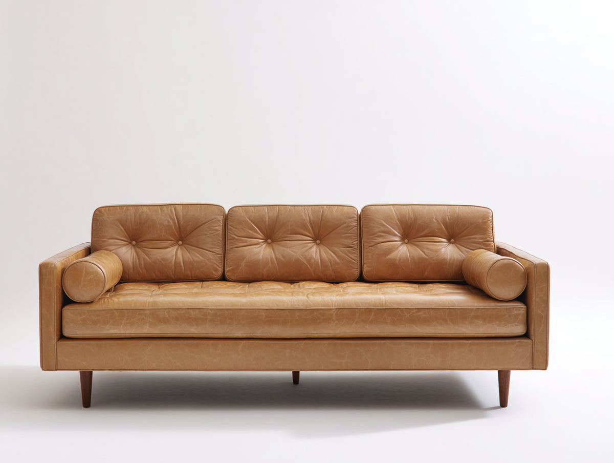 Divano lineare - Pelle-Legno - 205 x 91 x 84 cm - Cammello chiaro - Mid-century moderno