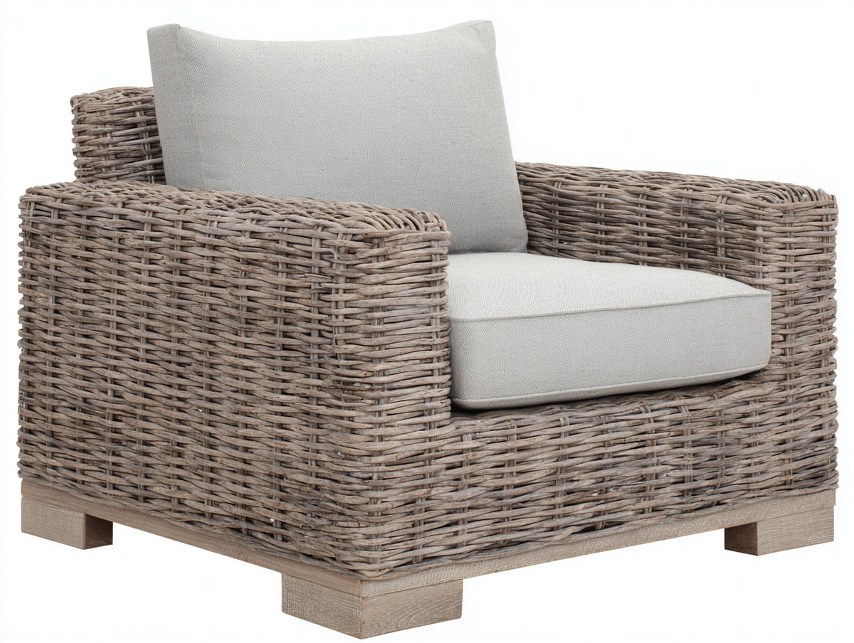 Poltrona da giardino - rattan intrecciato-tessuto - 94x88x86 cm - marrone grigiastro-avorio - stile rustico