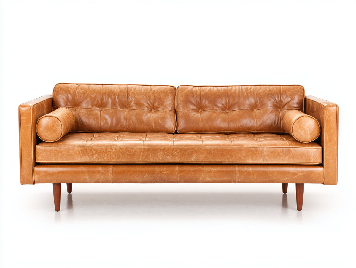 Divano lineare - Pelle-Legno - 215 x 92 x 83 cm - Cammello - Mid-century moderno