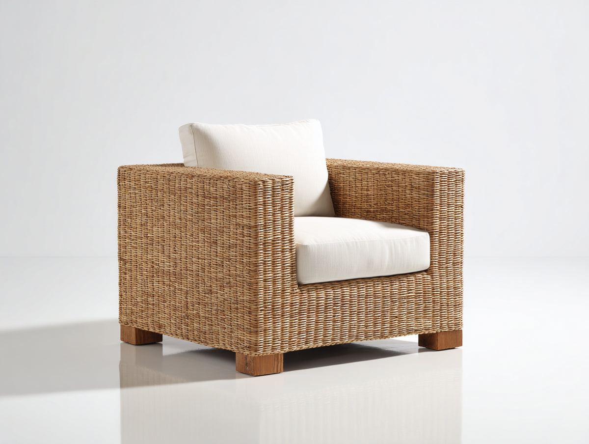 Poltrona da giardino - rattan intrecciato-tessuto - 88x83x79 cm - beige naturale-avorio - stile minimalista