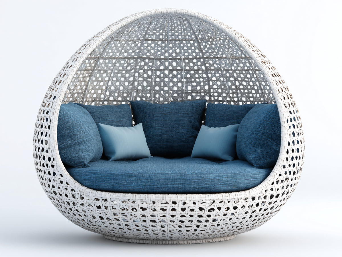 Divani da esterno - Rattan intrecciato-Tessuto - 190x124x151 cm - Bianco-Blu petrolio - Stile lounge a cupola