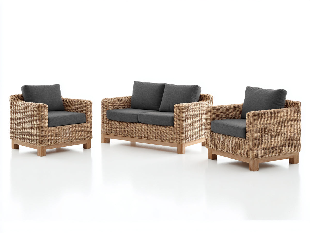 Divani da esterno - Rattan intrecciato-Legno-Tessuto - 156x84x86 cm - Naturale-Grigio antracite - Stile contemporaneo lineare
